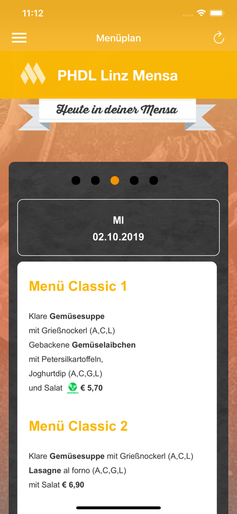Daily menu plan interface on the mensa club app showing university cafeteria food options and prices.