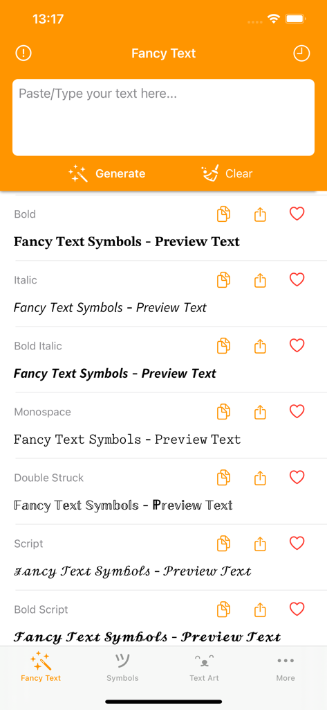 Fancy Text Symbols - Interface of Fancy Text Symbols app displaying various font styles like bold italic and script for custom nicknames