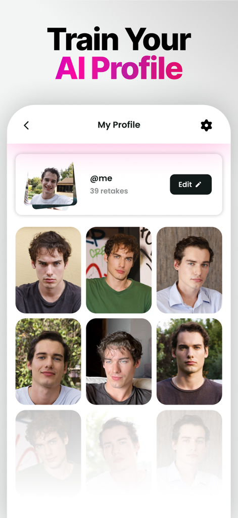 A mobile app screen showing a user profile with a grid of selfies used to train a personalized AI face model