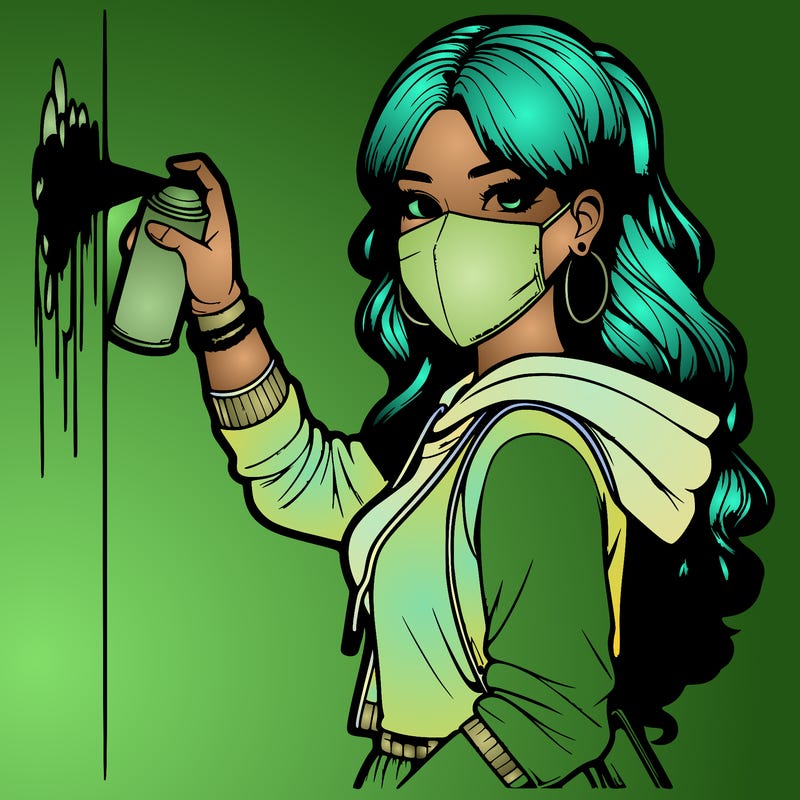 realistic girl with mask spray painting a wall