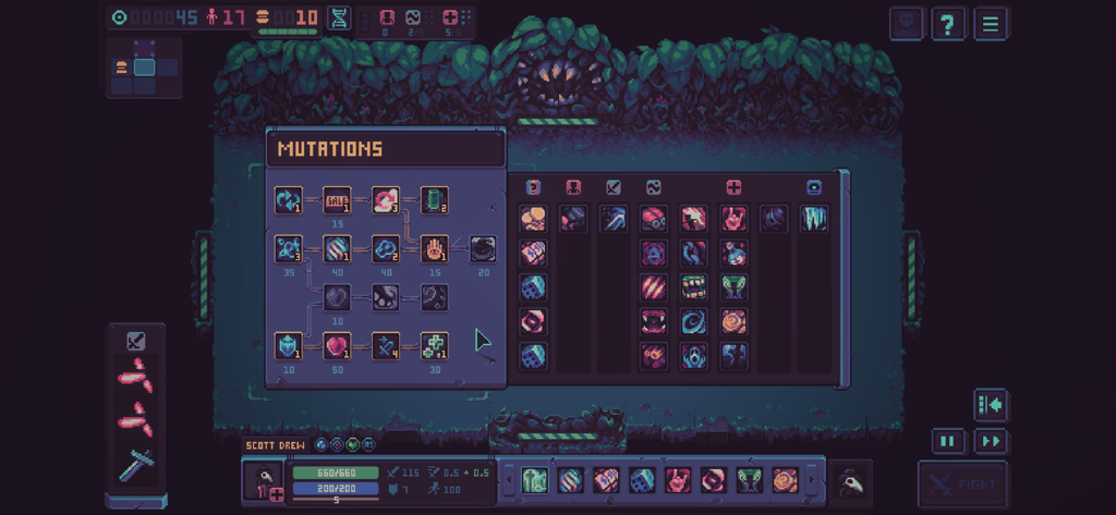 Despot's Game - Capture d'écran du gameplay du menu des mutations dans Despots Game, présentant un arbre de compétences tactique