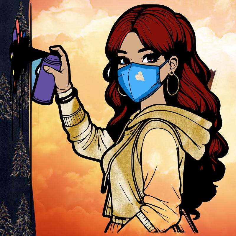 realistic girl with mask spray painting a wall
