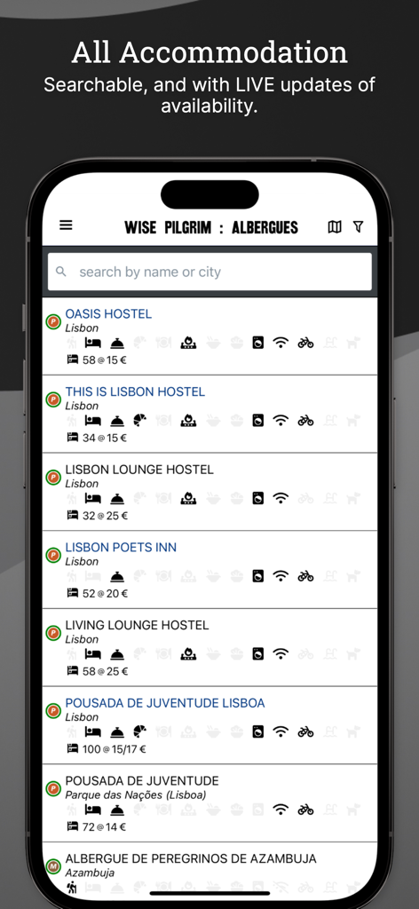 Wise Pilgrim app displaying a directory of hostels and albergues in Lisbon for the Camino Portugues.