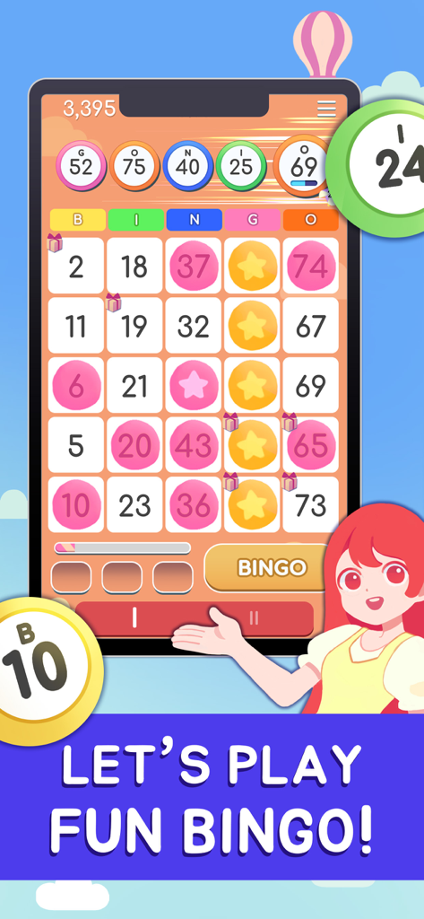Coverall Bingo mobile game interface showing a bingo card with colorful daubs and a cute anime-style girl character