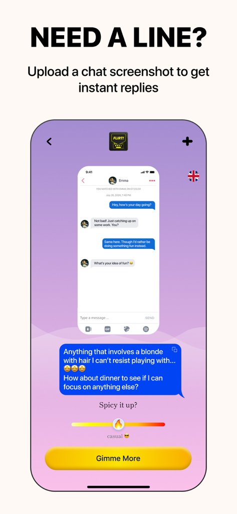 RizzPRO - AI Flirt Keyboard - Screenshot of RizzPRO app suggesting a spicy chat reply for a dating app conversation