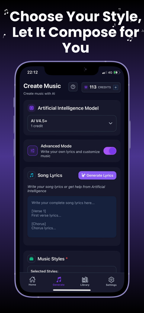 SkyBeat app interface showing AI song creation with lyrics generation and music style selection.
