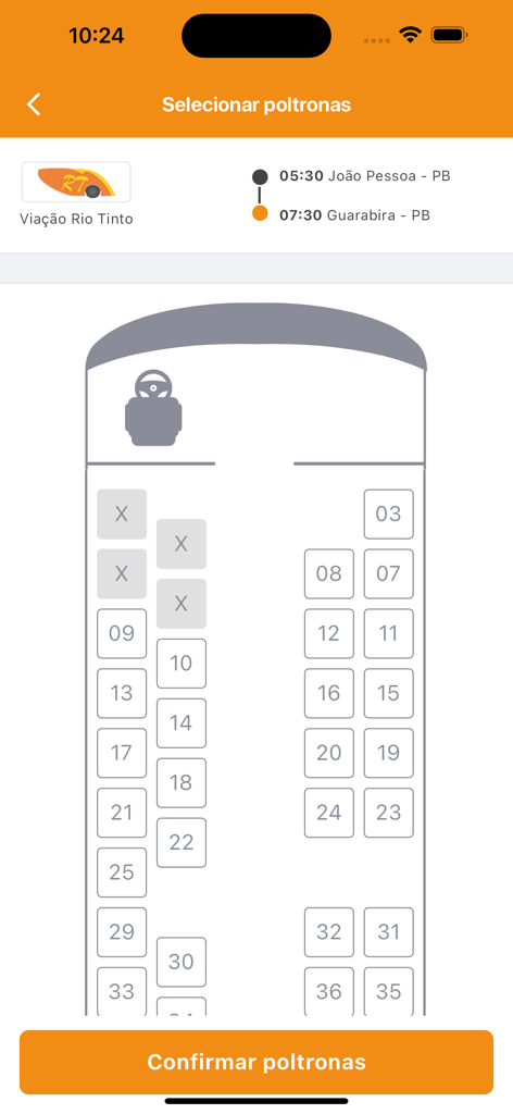 Viação Rio Tinto - Interface of the Viacao Rio Tinto app showing a digital seat map for selecting bus seats on a trip from Joao Pessoa to Guarabira.
