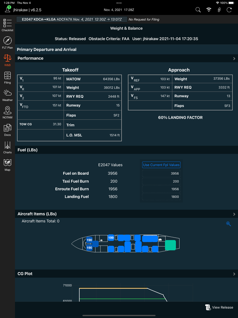 ARINCDirect iPad app interface displaying weight and balance calculations and aircraft performance data