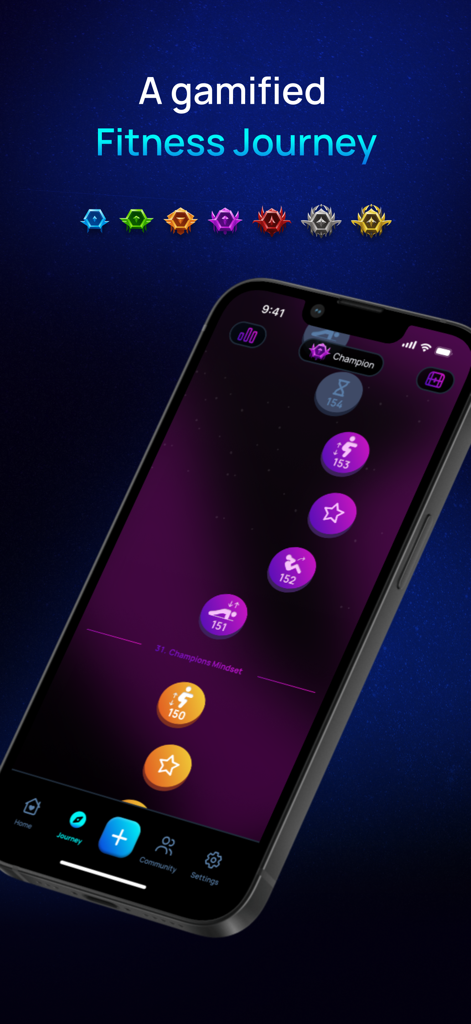Pushscroll Screen Time Control - Uno smartphone che visualizza un percorso fitness gamificato con vari livelli di esercizio e icone di grado nell'app Pushscroll.