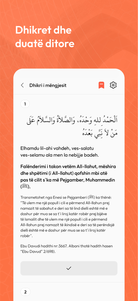 Muslimani Ideal - Morning dhikr section of the Muslimani Ideal app displaying religious supplications in Arabic and Albanian.