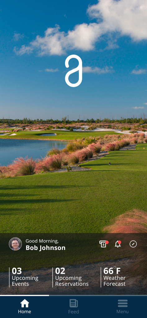 Albany Bahamas - La pantalla de inicio de la aplicación para miembros de Albany Bahamas, con un fondo de campo de golf escénico y un panel personal con reservas y actualizaciones del clima.
