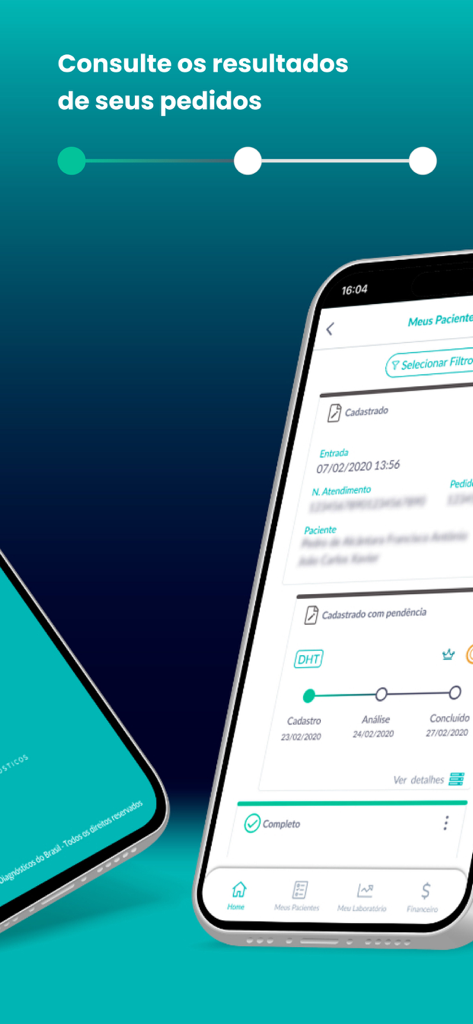 e-DB - Pantalla de la aplicación móvil e-DB para rastrear resultados de pacientes de laboratorio y estado de pedidos.