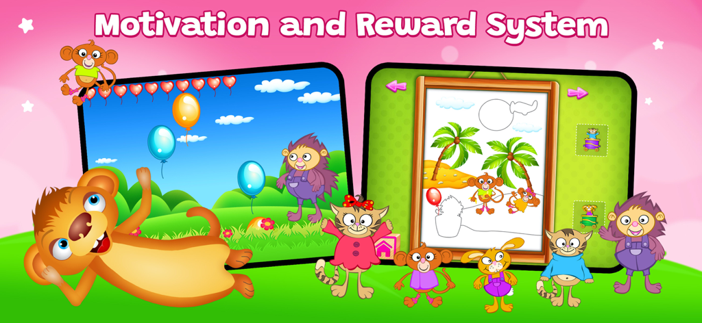 123 Fun GAMES Top Educational - Interfaz del sistema de motivación y recompensa en una aplicación educativa para niños con animales de dibujos animados y un libro de pegatinas.