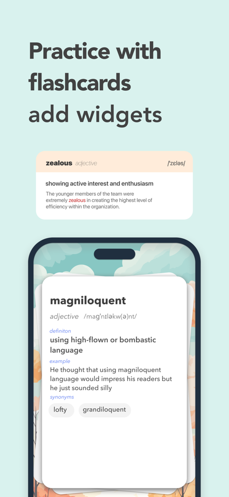 Vocabulary Builder by Atlas - Atlas Vocabulary Builderアプリのインターフェース。zealousやmagniloquentのような英単語を学ぶためのフラッシュカードとウィジェットが表示されている。
