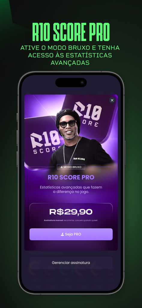 R10 Score - Live Scores - R10 Score Pro subscription screen featuring Ronaldinho and access to advanced soccer statistics