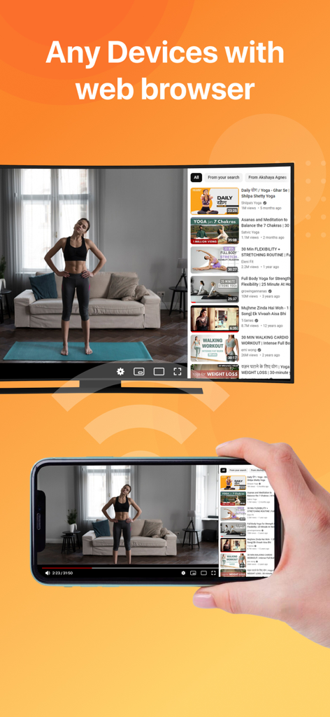 Screen Mirroring : Miracast - A hand holding an iPhone mirroring a yoga workout video to a large smart TV screen via a web browser interface.