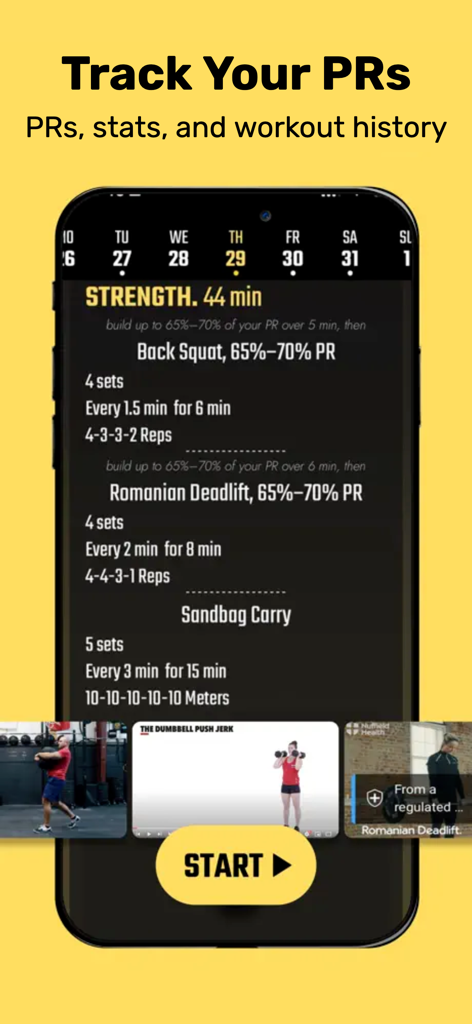 WOD App: Timer & AI Workout - WOD App mobile interface showing a personalized strength training workout with PR tracking and exercise demonstration videos