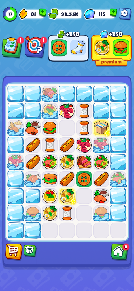 Merge Millionaire：Rich Craft - Tela de jogabilidade de Merge Millionaire mostrando um tabuleiro de quebra-cabeça com comida e itens domésticos