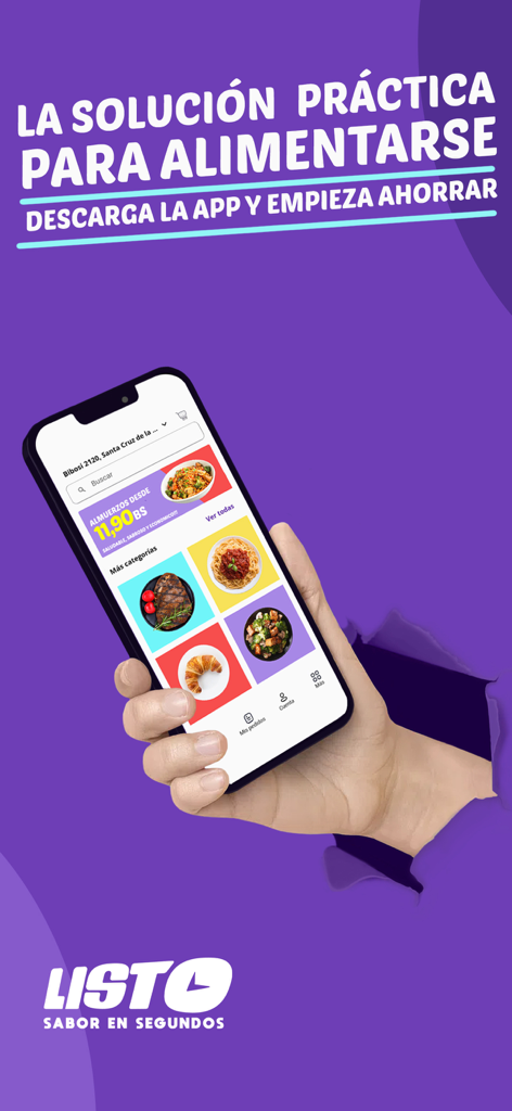 Listo - Delivery App - Uma pessoa segurando um smartphone mostrando a interface do app Listo com várias categorias de alimentos e texto promocional em espanhol em um fundo roxo.