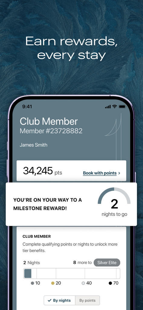 Tela do aplicativo IHG One Rewards exibindo o saldo de pontos do membro e o progresso das recompensas de marco
