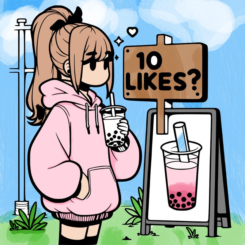 girl with oversized hoodie drinking boba and she has a high ponytail with a sign that says 10likes?