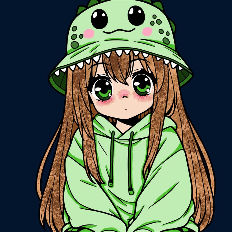 girl with anime shaped eyes with a dinosaur bucket hat oversized sweatshirt long straight hair