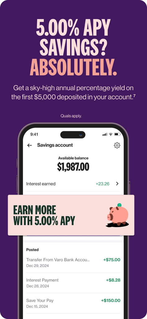 Varo Bank mobile app screenshot showing a savings account balance and 5.00 percent APY promotion.
