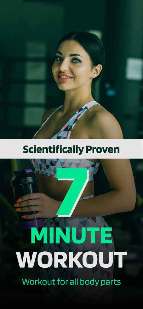 Home Fitness: 7 Minute Workout - Mujer con ropa de gimnasio y texto superpuesto para entrenamiento científico de 7 minutos para todas las partes del cuerpo