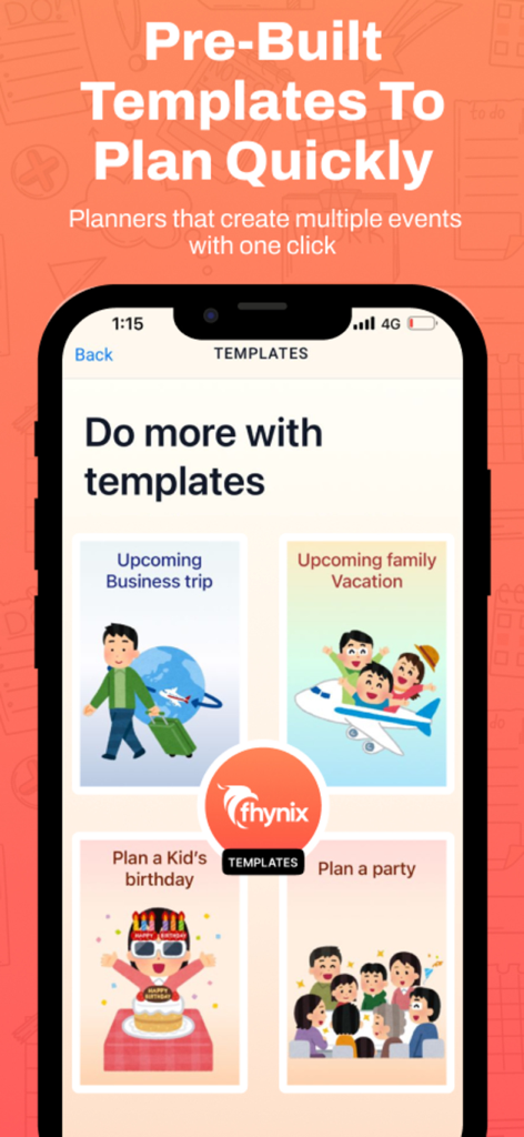 Fhynix: AI Daily Planner, Todo - Interface of the Fhynix app showing pre-built templates for planning business trips, family vacations, and birthday parties.