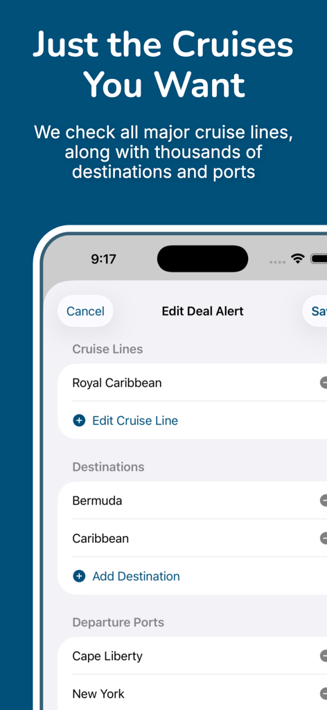 Kelly's Cheap Cruise Deals - Settings screen for cruise deal alerts featuring filters for cruise lines destinations and departure ports