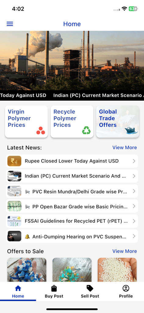 Polytrend app home screen displaying virgin and recycle polymer prices, global trade offers, and latest industry news.