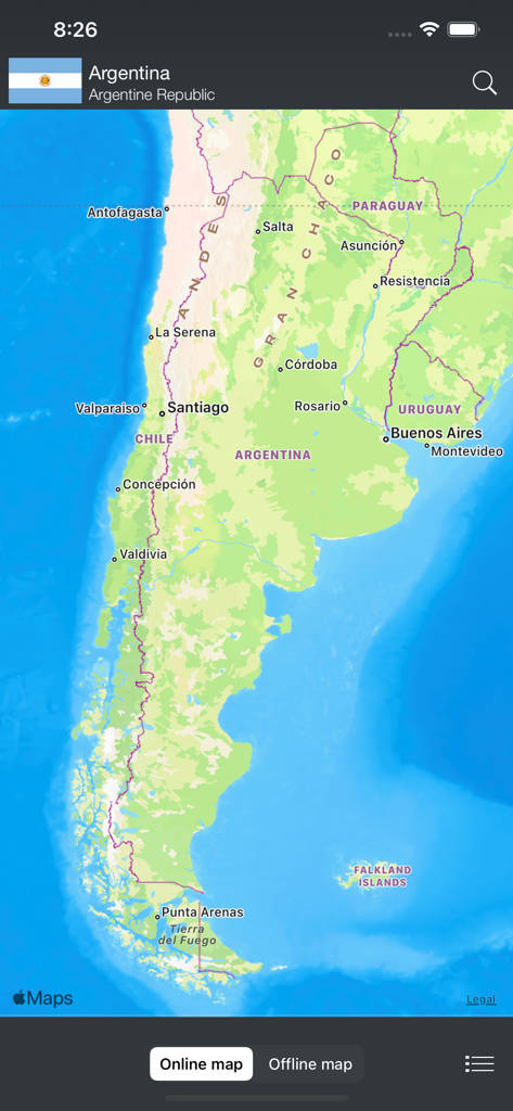 World Factbook & Atlas - A detailed map view of Argentina showing cities and geographic regions in the World Factbook and Atlas mobile app.