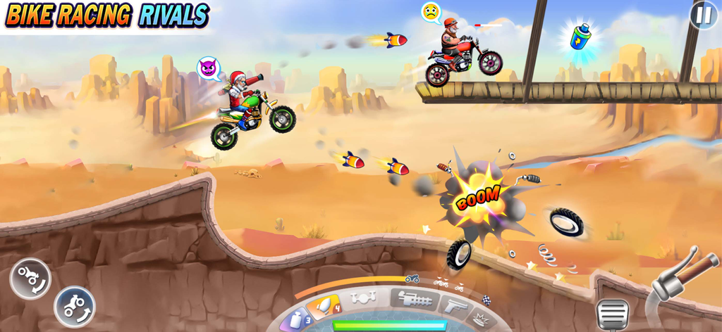 Moto Bike Race Motorcycle Game - Gameplay do jogo de corrida de moto apresentando combate com mísseis e acrobacias no deserto.