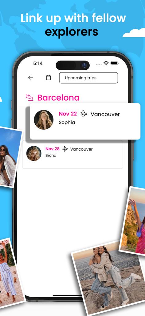 Tripper - Travel mate finder - Interface do aplicativo Tripper mostrando próximas viagens para Barcelona com perfis de outros viajantes