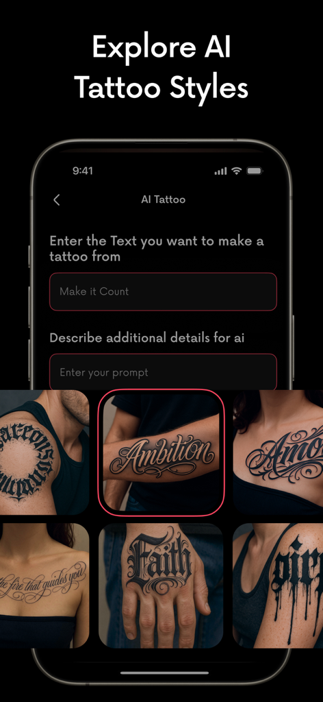 InkUp - AI Lettering tattoo - A mobile interface for InkUp showing an AI tattoo generator for lettering with various script and gothic font styles displayed on different body parts.