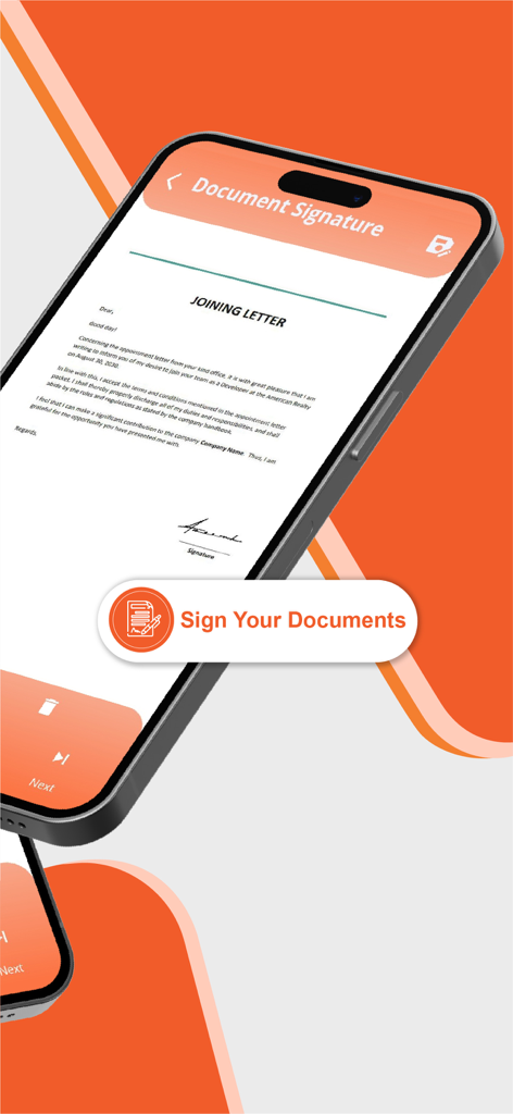 Digital Signature Stamp E Sign - Mobile app interface showing a joining letter being digitally signed on a smartphone screen