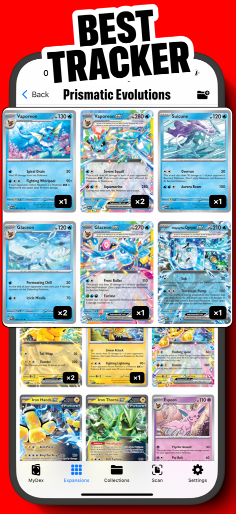 Visão de coleção digital no aplicativo MyDex TCG exibindo várias cartas Pokémon com marcadores de quantidade do conjunto Prismatic Evolutions.
