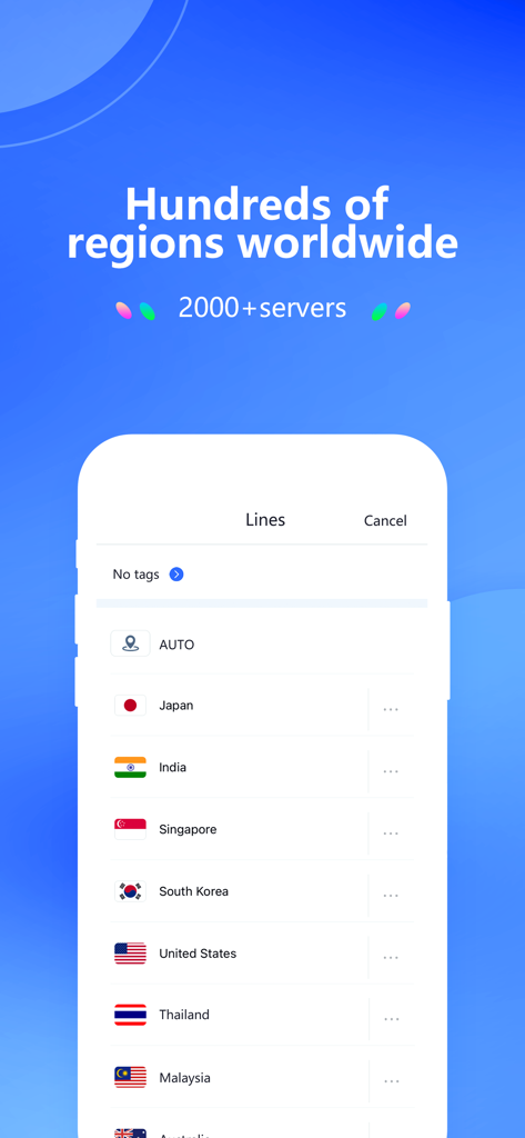 Ein Screenshot der QuickQ VPN-App mit einer Liste globaler Serverstandorte, einschließlich Japan, Indien und den Vereinigten Staaten.