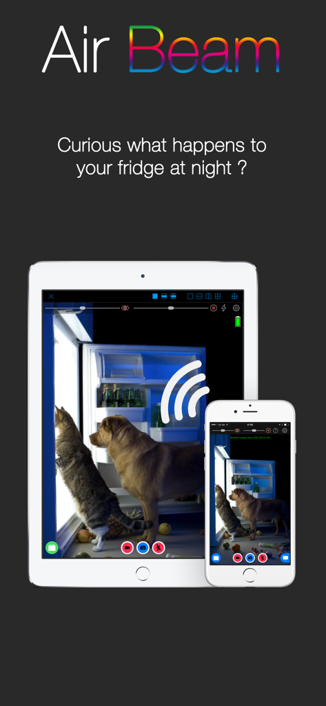 AirBeam Video Surveillance - AirBeam App-Oberfläche zeigt Haustierüberwachung auf einem iPad und iPhone