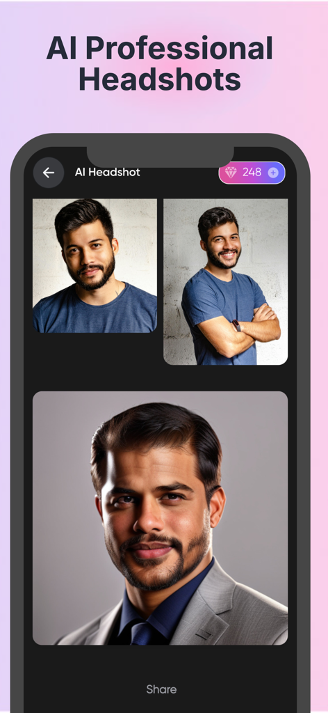 FaceBot-How old do i look ? - Interfaz de aplicación móvil que muestra la transformación de selfies casuales en un retrato profesional generado por IA para un hombre con traje.