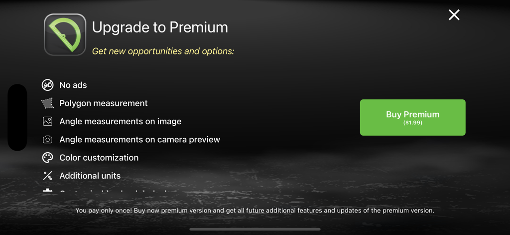 Protractor Smart - Pantalla de actualización a Premium para Protractor Smart listando herramientas de medición adicionales y sin anuncios.