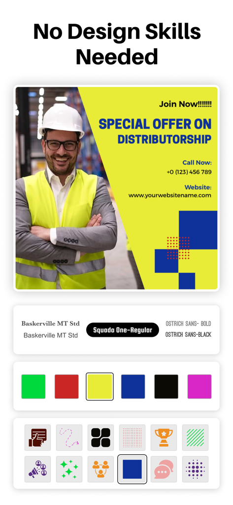 Advertisement Maker app interface showing an ad template and design customization tools like fonts and colors.