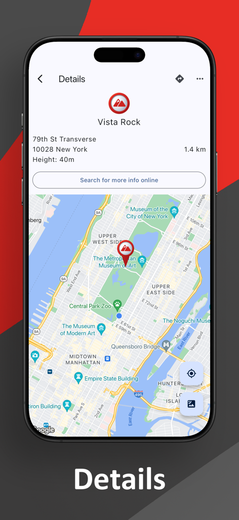 Mountain & Peak Finder - マウンテン＆ピークファインダーアプリのニューヨークのビスタロックの詳細ビュー（高さと地図上の場所を含む）