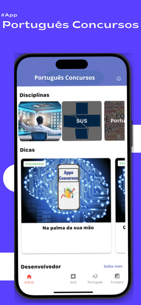Português Concursos - Interfaz principal de la app Português Concursos que muestra secciones de estudio para la preparación de exámenes de SUS, portugués y razonamiento lógico.