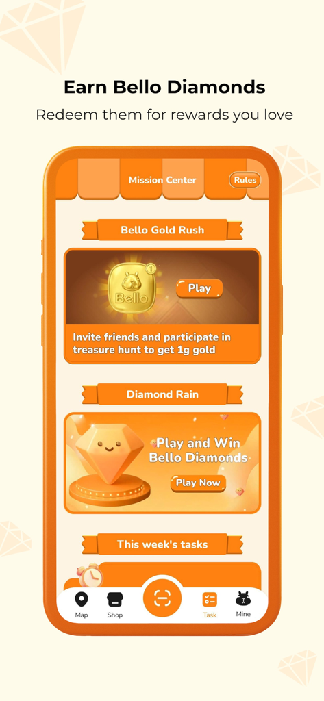 Bello app Mission Center interface showing gamified reward tasks like Gold Rush and Diamond Rain.