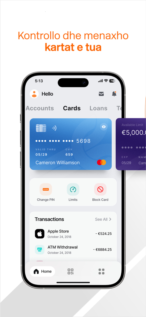 Pantalla móvil de Union Bank Live mostrando las funciones de gestión de tarjetas y el historial de transacciones