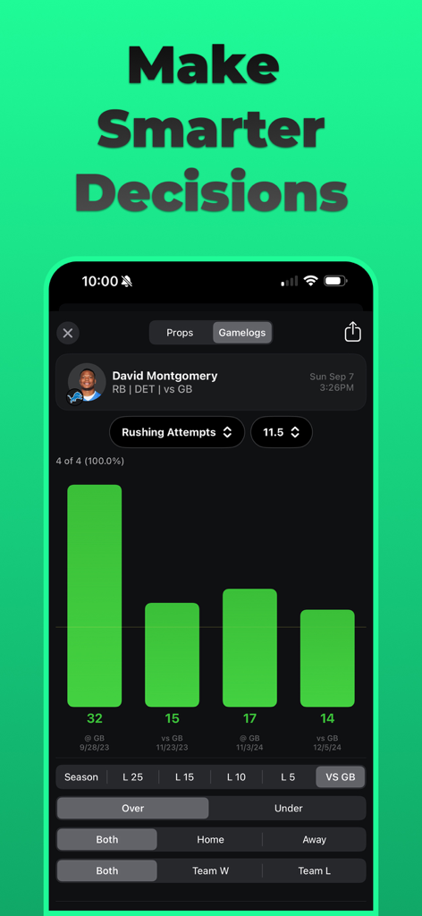 Optimal Bet app displaying historical rushing attempts for an NFL player