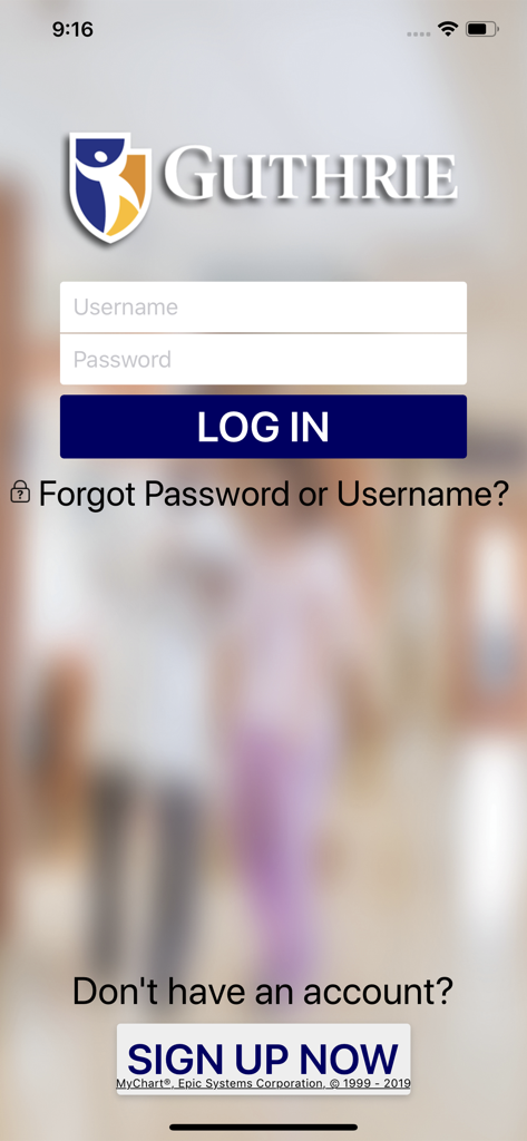 eGuthrie - eGuthrie mobile app login screen with username and password input fields and a sign up button.