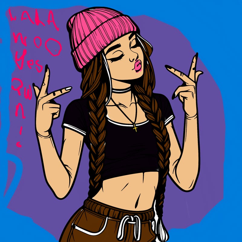 realistic teenage girl with braids and a beanie and crop top doing 🫶🏼