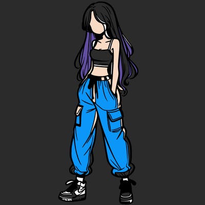 girl in baggy pants crop top and long hair